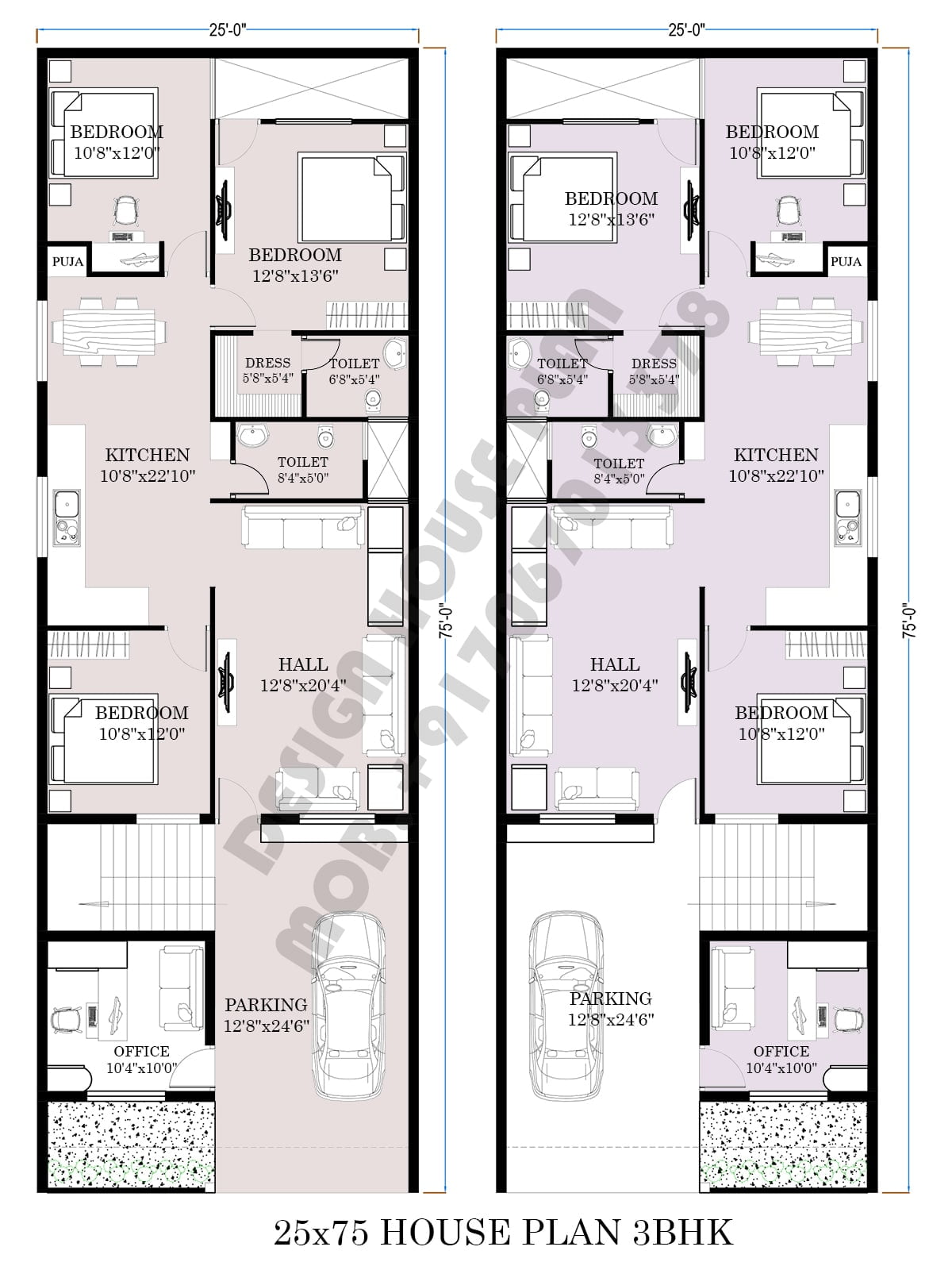 25 75 house plans 3 bedrooms with parking