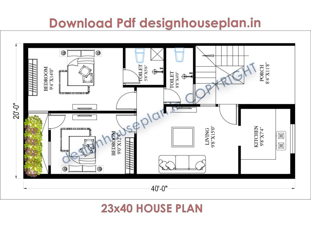 800 sqft 20x40 house plans with 2 bedrooms