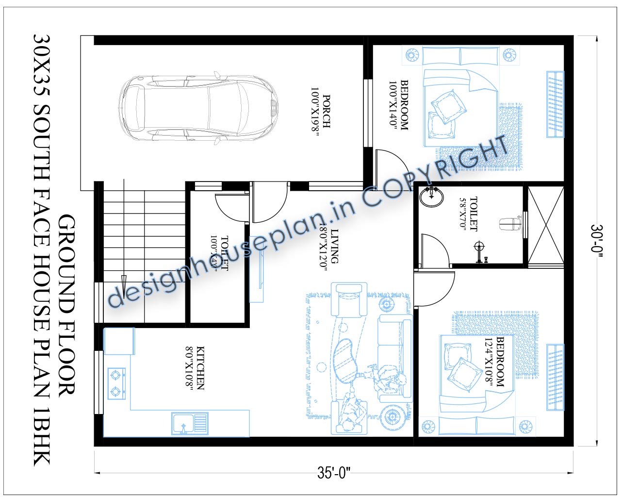 30x35 House Plan: 1050 Sqft 2 Bedroom House Plans