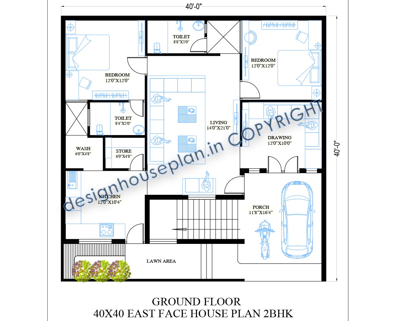 This is an east facing 2bhk ground floor house plan for a 40x40 feet plot.