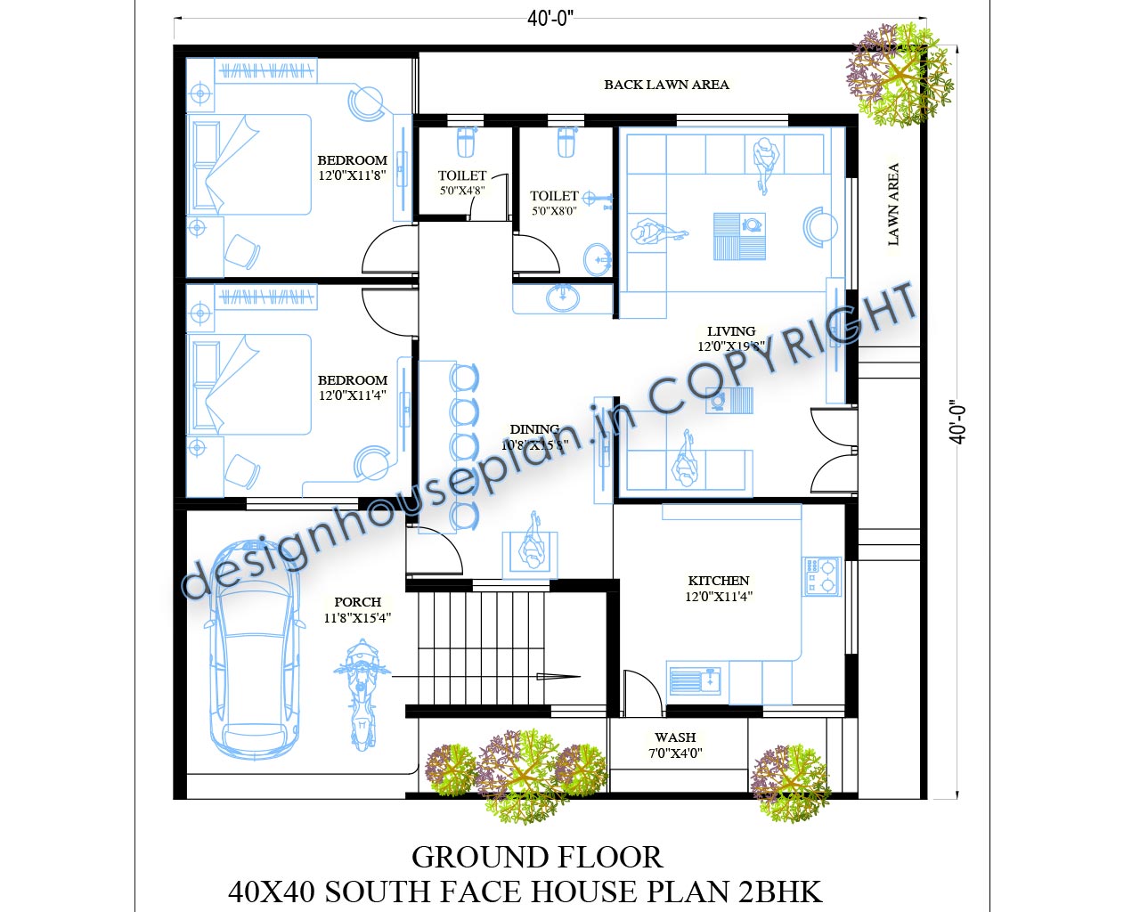 This is a 40 x 40 house plan south facing with car parking and lawn.