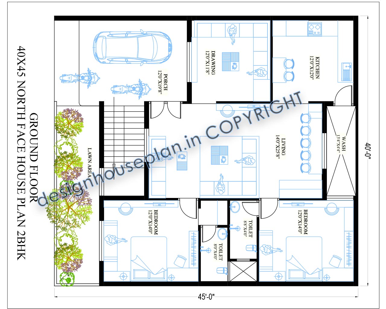 This is a 40 by 45 House Plans With Parking Indian Style with 2 bedrooms and a lawn area.