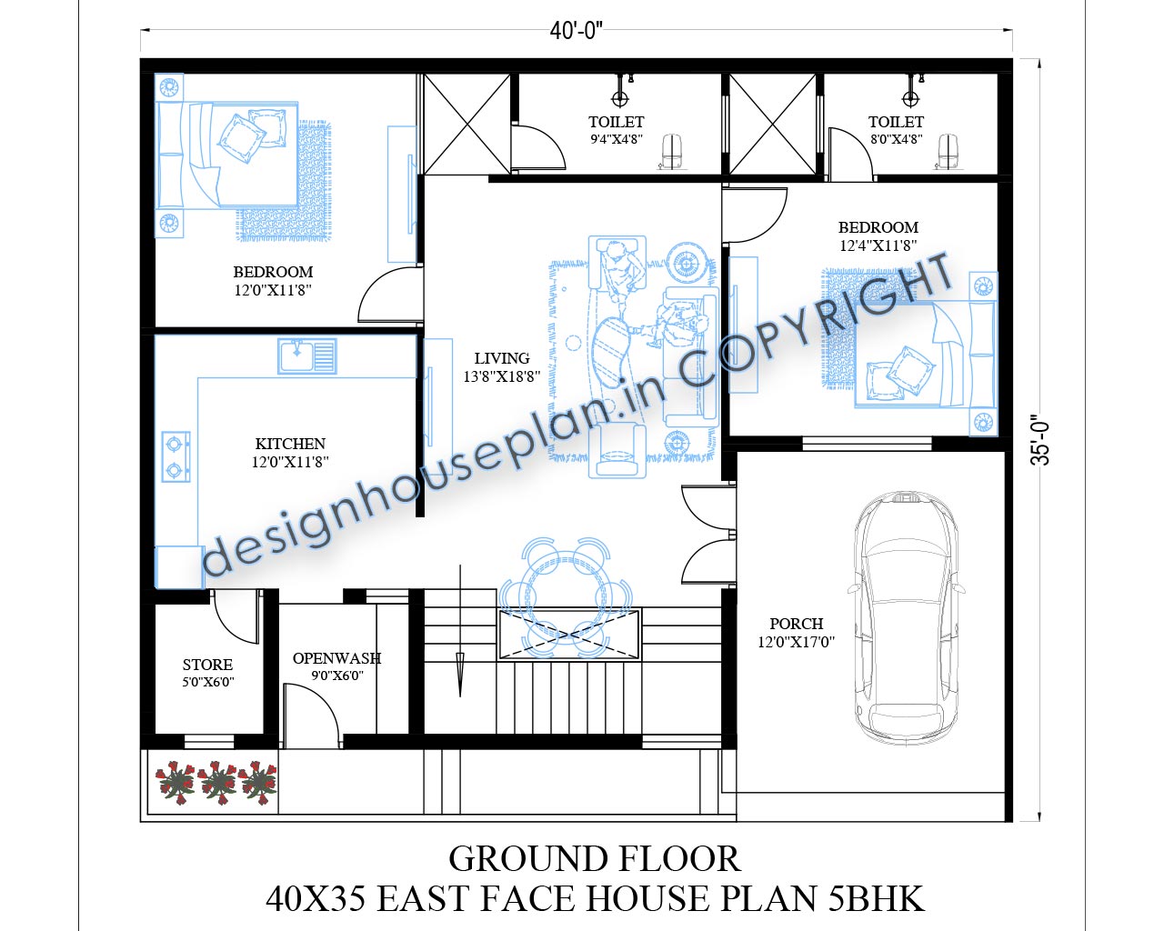 40x35 duplex house plan 5bhk