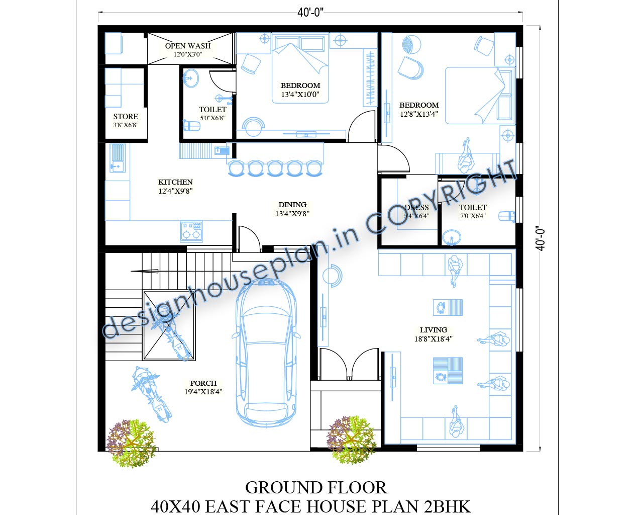 This is a 40x40 house plan east facing 2bhk with car parking