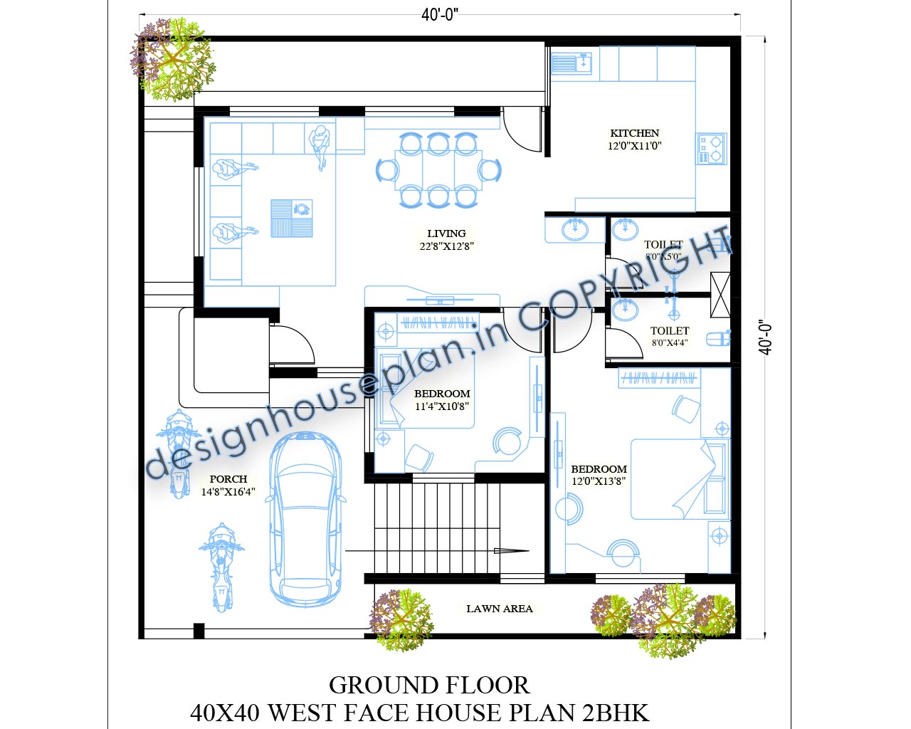 It is a 40x40 house plans 2 bedroom with car parking and it is a west facing house plan.
