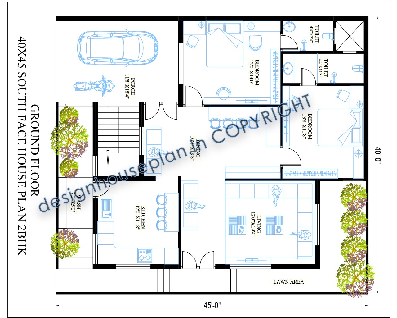 This is a 40x45 house plans with 2 bedrooms and a parking area and this is a south facing house map.