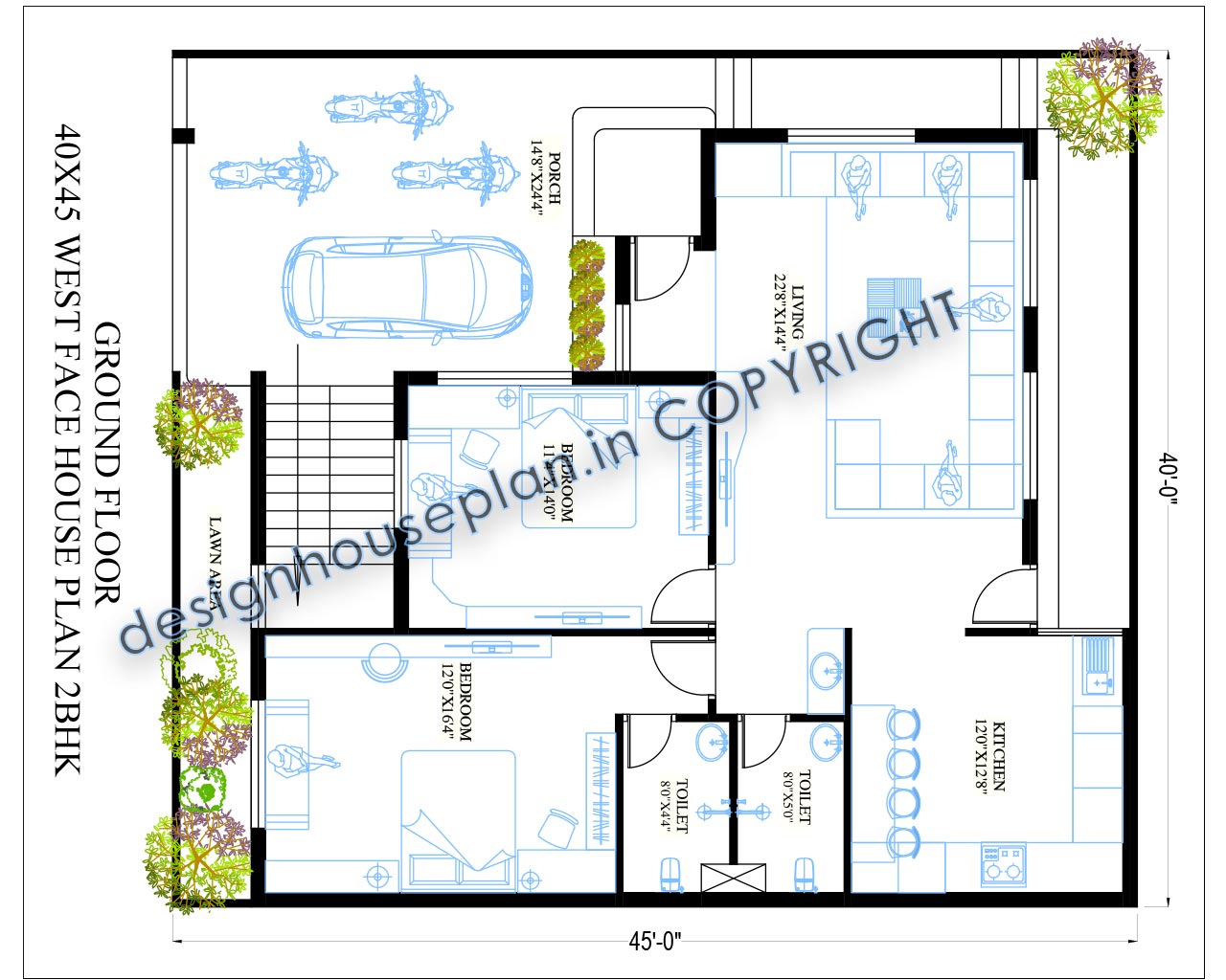 This is a 40x45 house plans with car parking west facing with 2 bedrooms and a lawn.
