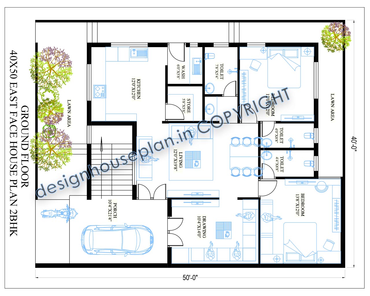 This is an east facing 2 bedroom house plan with a parking area and the size of the plot area is 40x50 feet.
