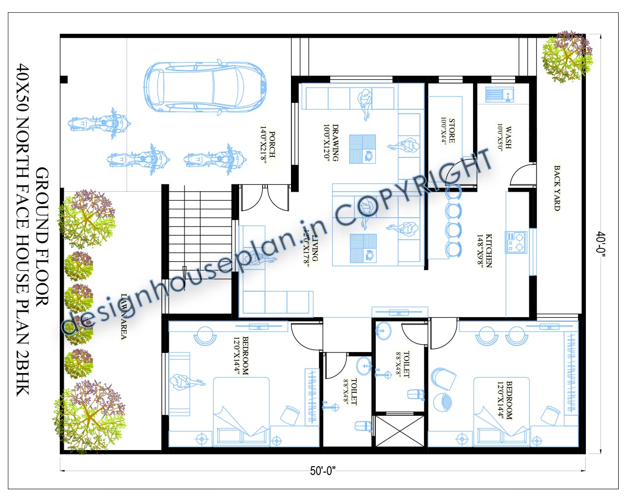 This is a north facing 2 bedroom modern house design with parking and lawn area.