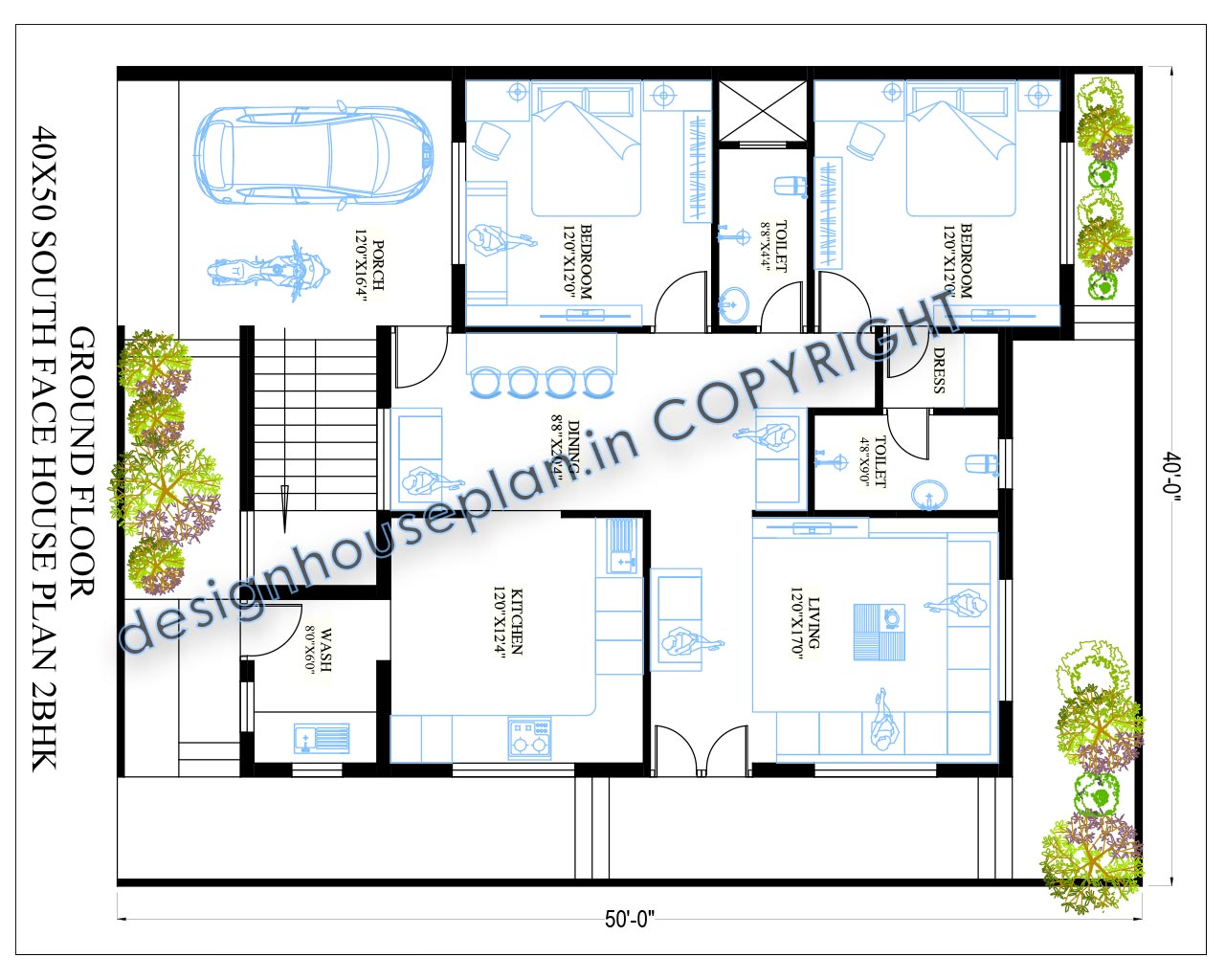 This is a south-facing 2 bedroom modern house design with a parking area.