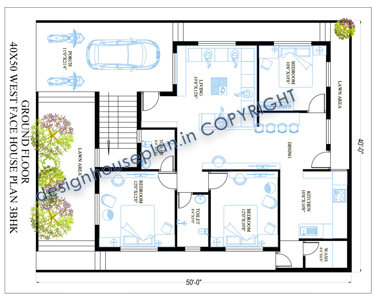 This is a 40x50 feet west-facing house design with 3 bedrooms and parking area.